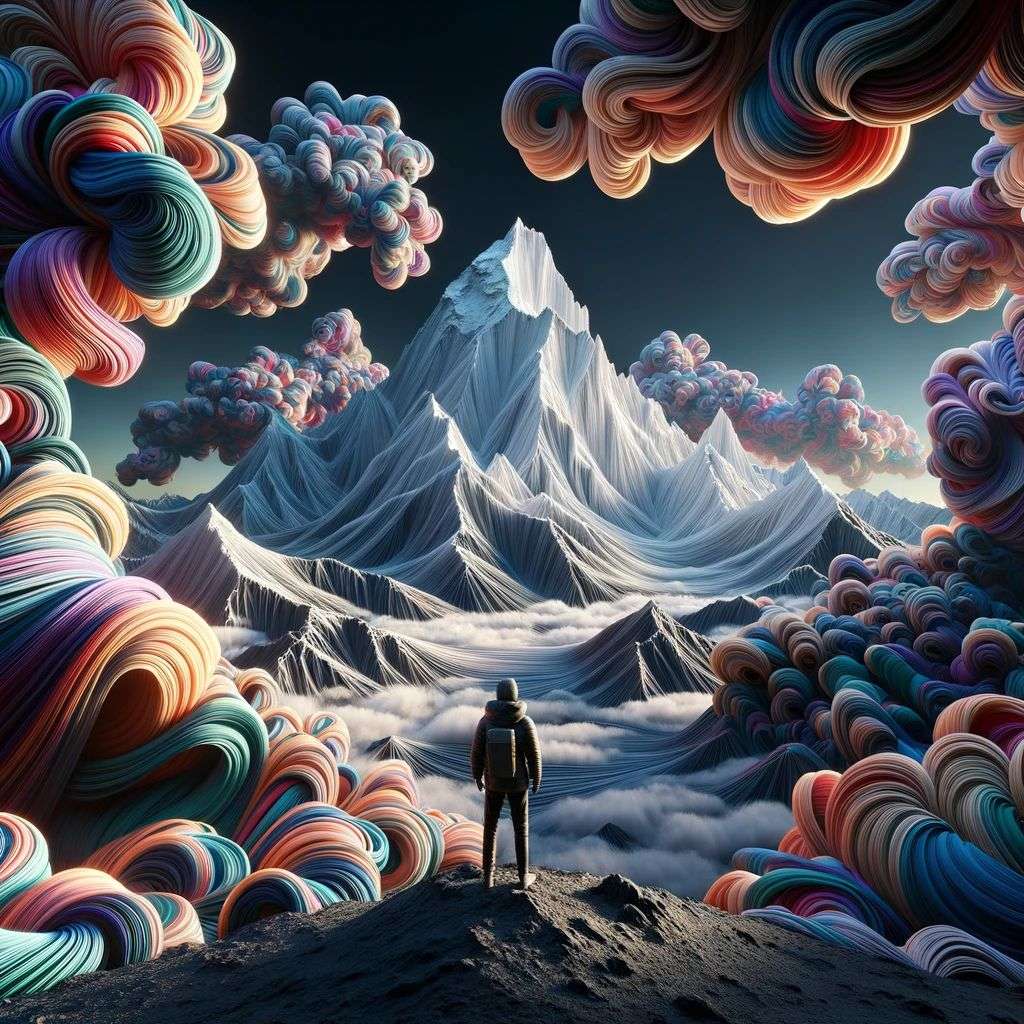 someone gazing at Mount Everest made of very detailed curling wispy glowing multicolored smoke, digital art, volumetric, 3D render, Octane render